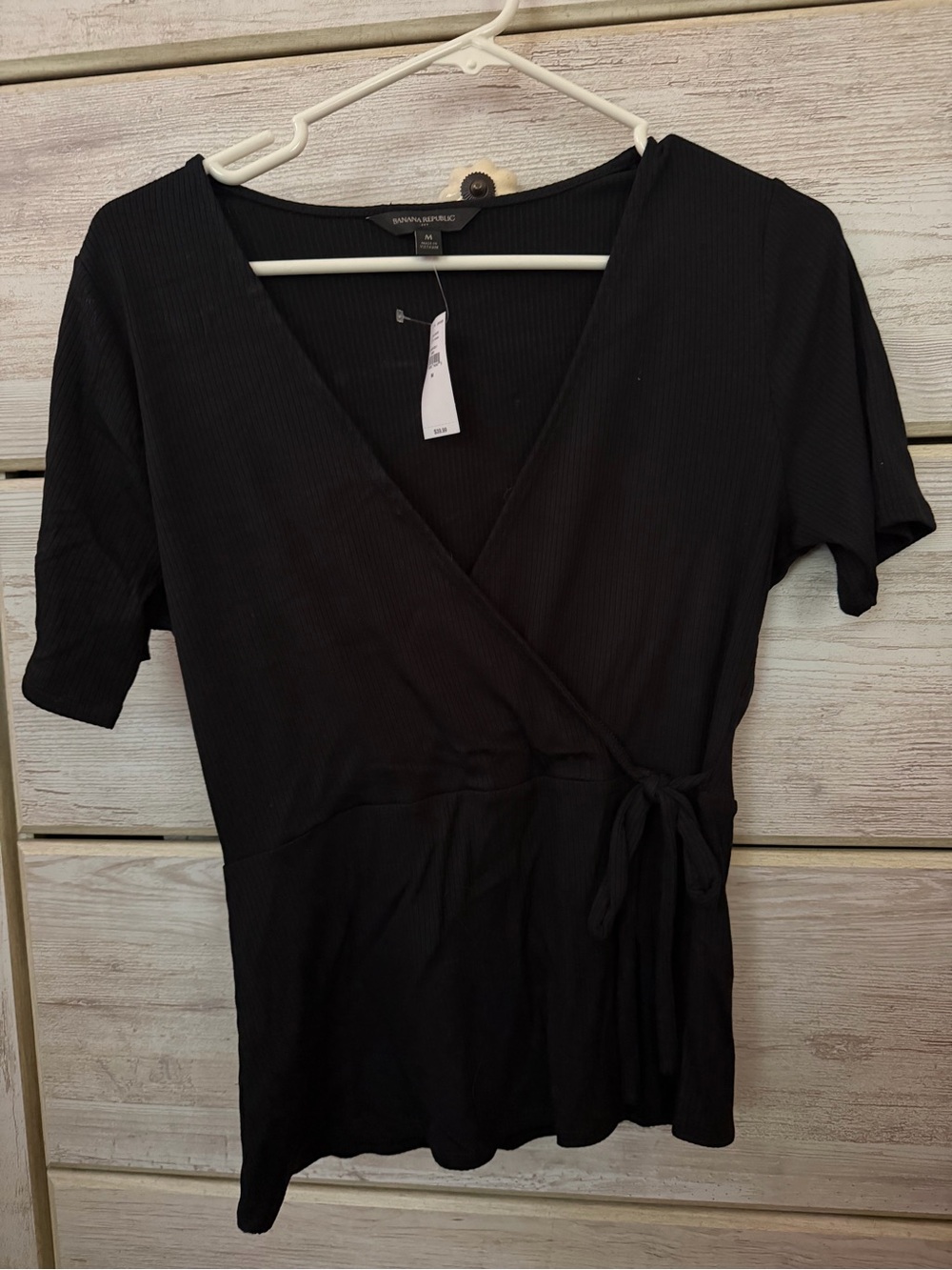 Banana Republic Black Ribbed Wrap Short-Sleeve Top